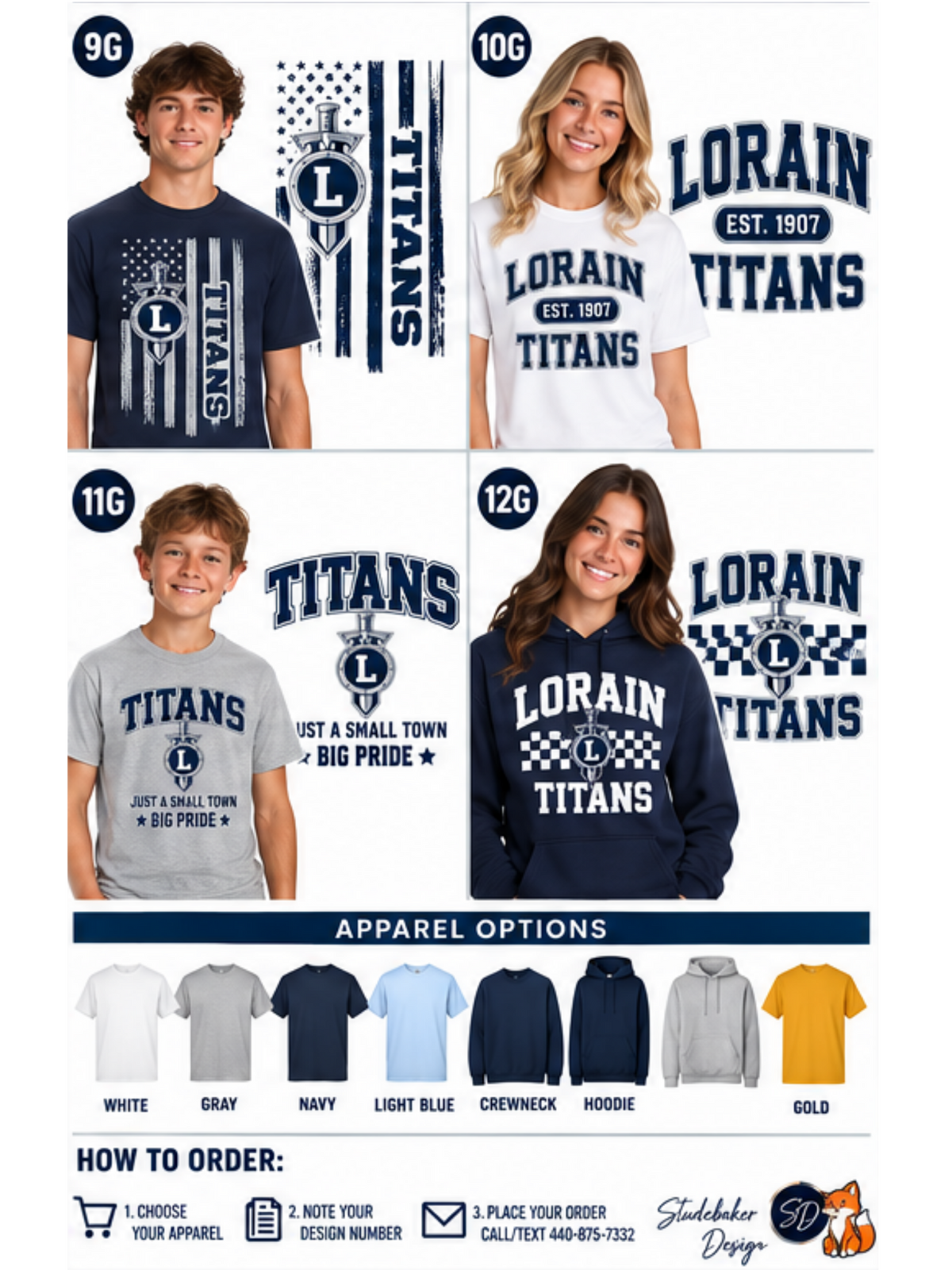 A promotional collage showing four apparel options for boys and girls with Tennessee Titans themed graphic shirts, plus an 'Apparel Options' row at the bottom with color choices and ordering information. Visible text includes 'LORAIN TITANS', 'TITANS', and 'Stokbaker Design'.