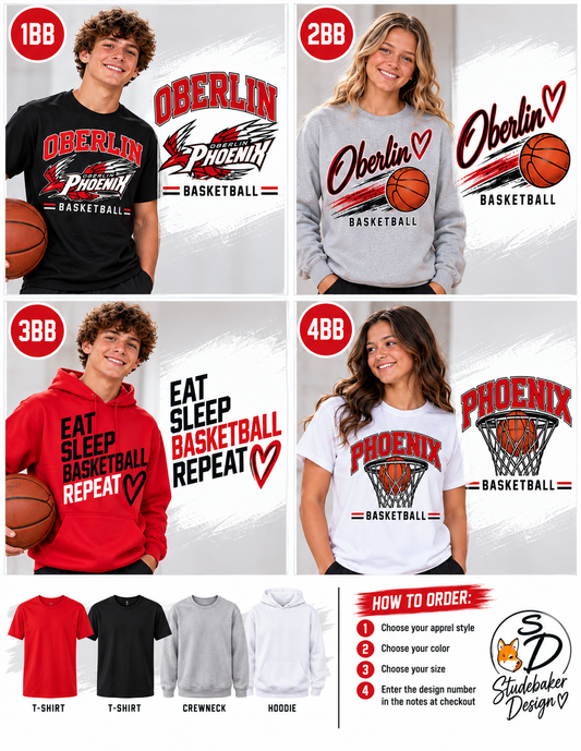 A 2x2 collage showing four models wearing different color options of a Phoenix Basketball graphic apparel design, including a black t-shirt, a gray crewneck sweatshirt, a red hoodie, and a white t-shirt. The bottom of the image features a 'How to Order' guide and a logo for 'Slidebaker Design'.