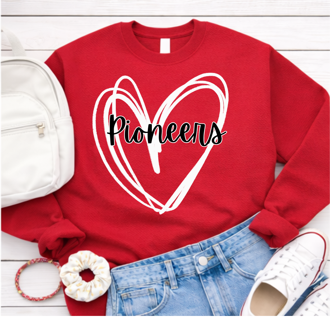 Red sweatshirt with 'Pioneers' design on a wooden surface with accessories.