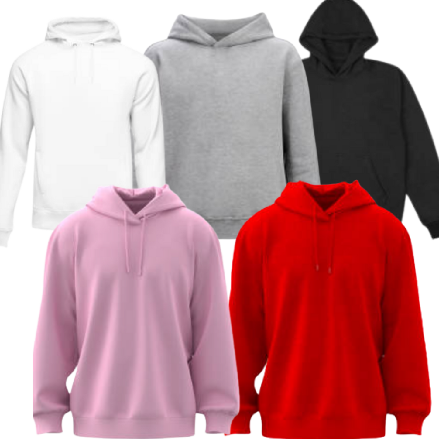 Five hoodies in white, gray, black, pink, and red on a white background