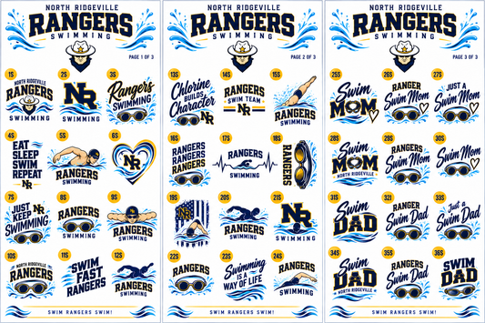 A sheet of North Ridgeville Rangers Swimming stickers featuring various team-themed designs, slogans, and logos on a white background.