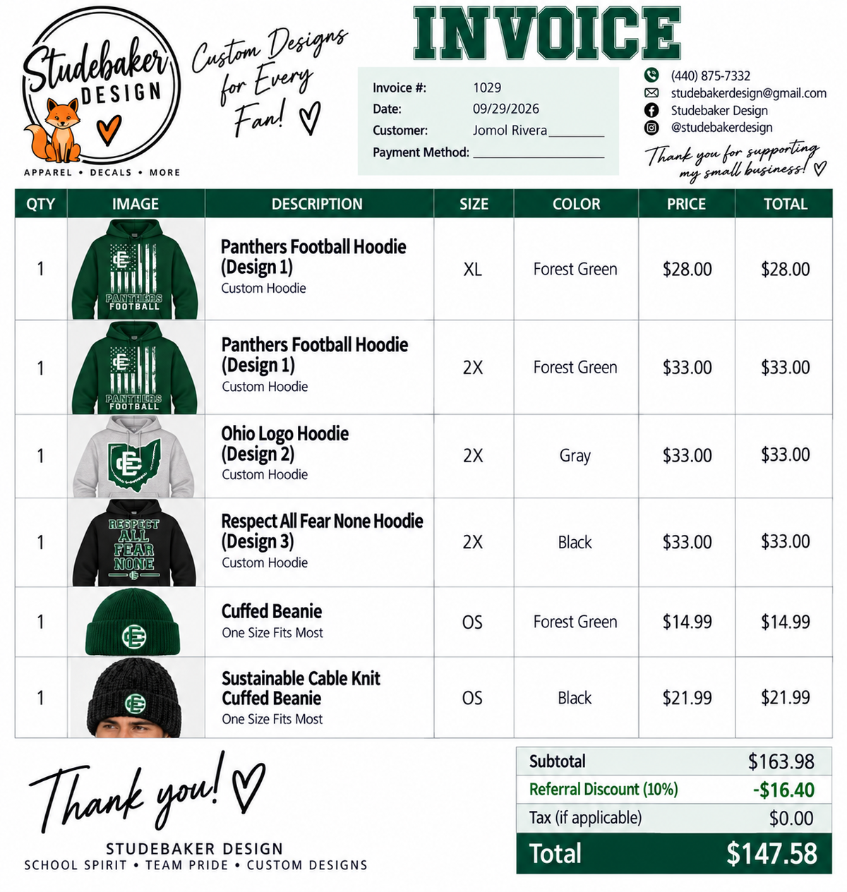 Jomol Rivera – Custom EC Panthers Apparel Order