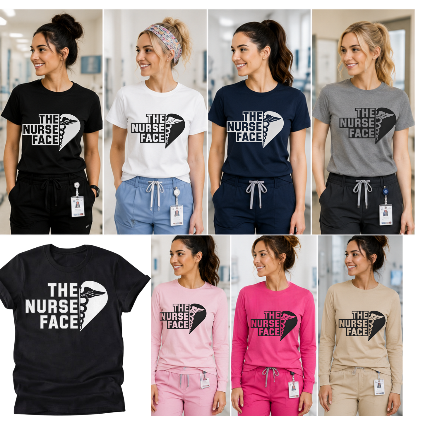 Collage of women wearing 'The Nurse Face' t-shirts and sweatshirts in various colors.