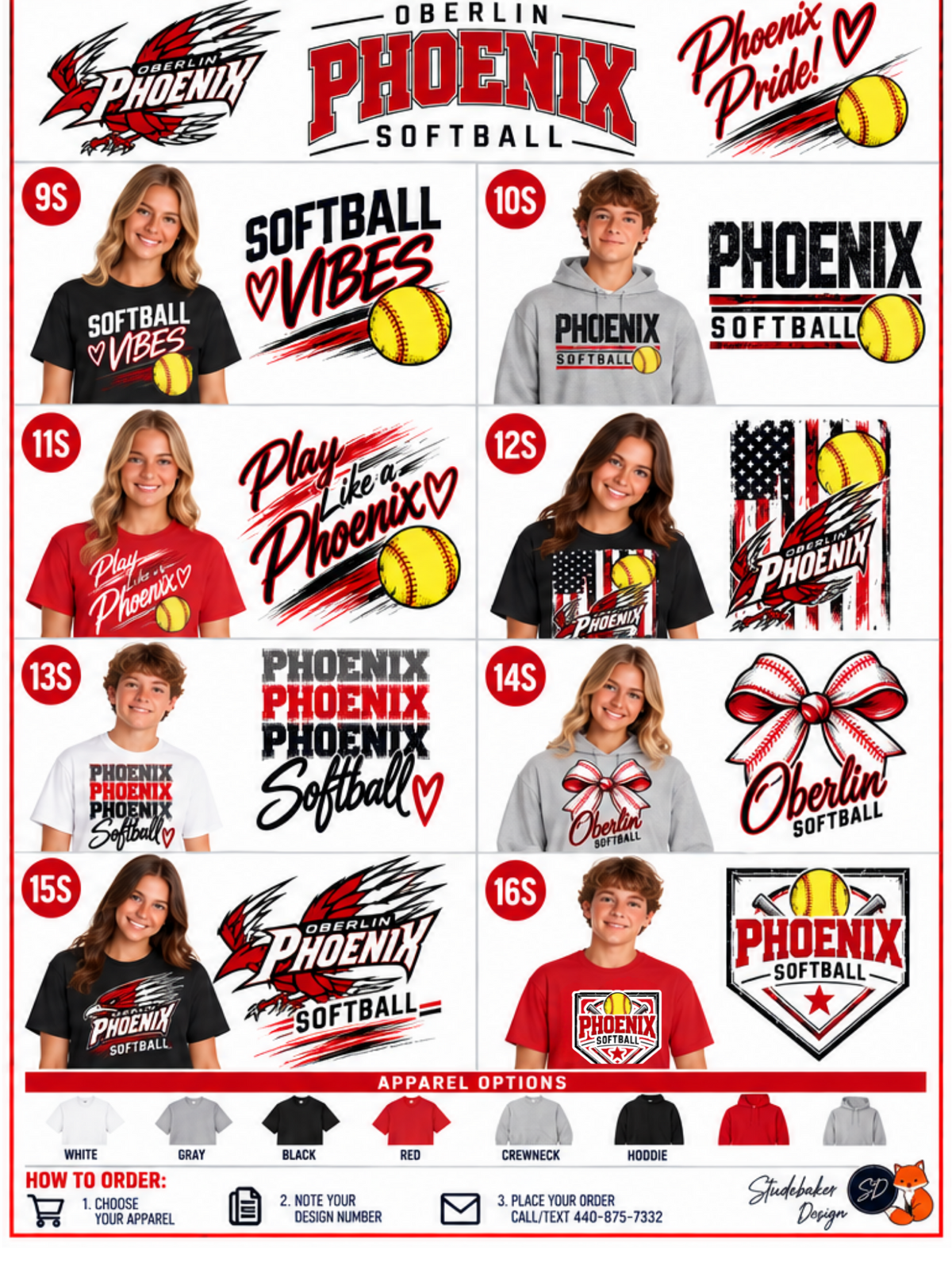 A promotional collage for Phoenix Softball apparel showing multiple age groups wearing graphic t-shirts and sweatshirts, alongside large design examples and color options at the bottom. The designs feature Phoenix and Oberlin branding with bold red, black, white, and yellow graphics.