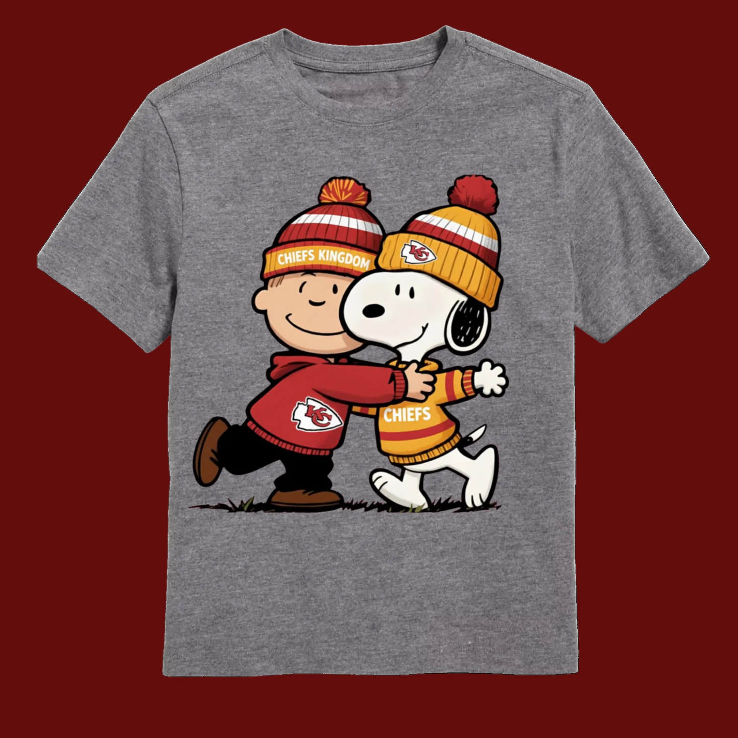 Gray t-shirt with Charlie Brown and Snoopy hugging with Kansas City Chiefs Gear on