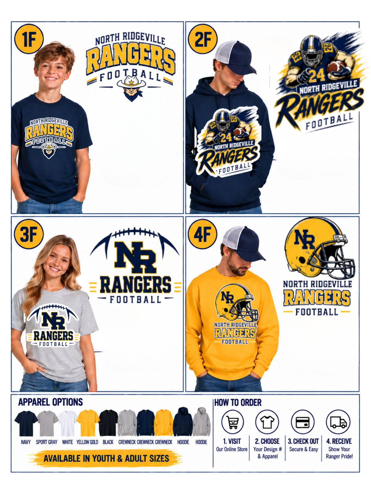 A promotional collage showing four different apparel colorways (navy t-shirt, navy hoodie, light gray t-shirt, and yellow sweatshirt) worn by models, along with team graphics for North Ridgeville Rangers Football. The image includes size and ordering information at the bottom.