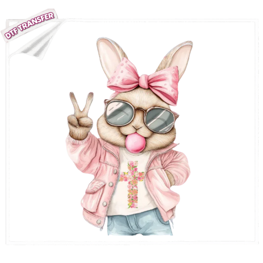 DTF Peace Sign Easter Bunny DTF Transfer – Trendy Pink Jacket Spring Design
