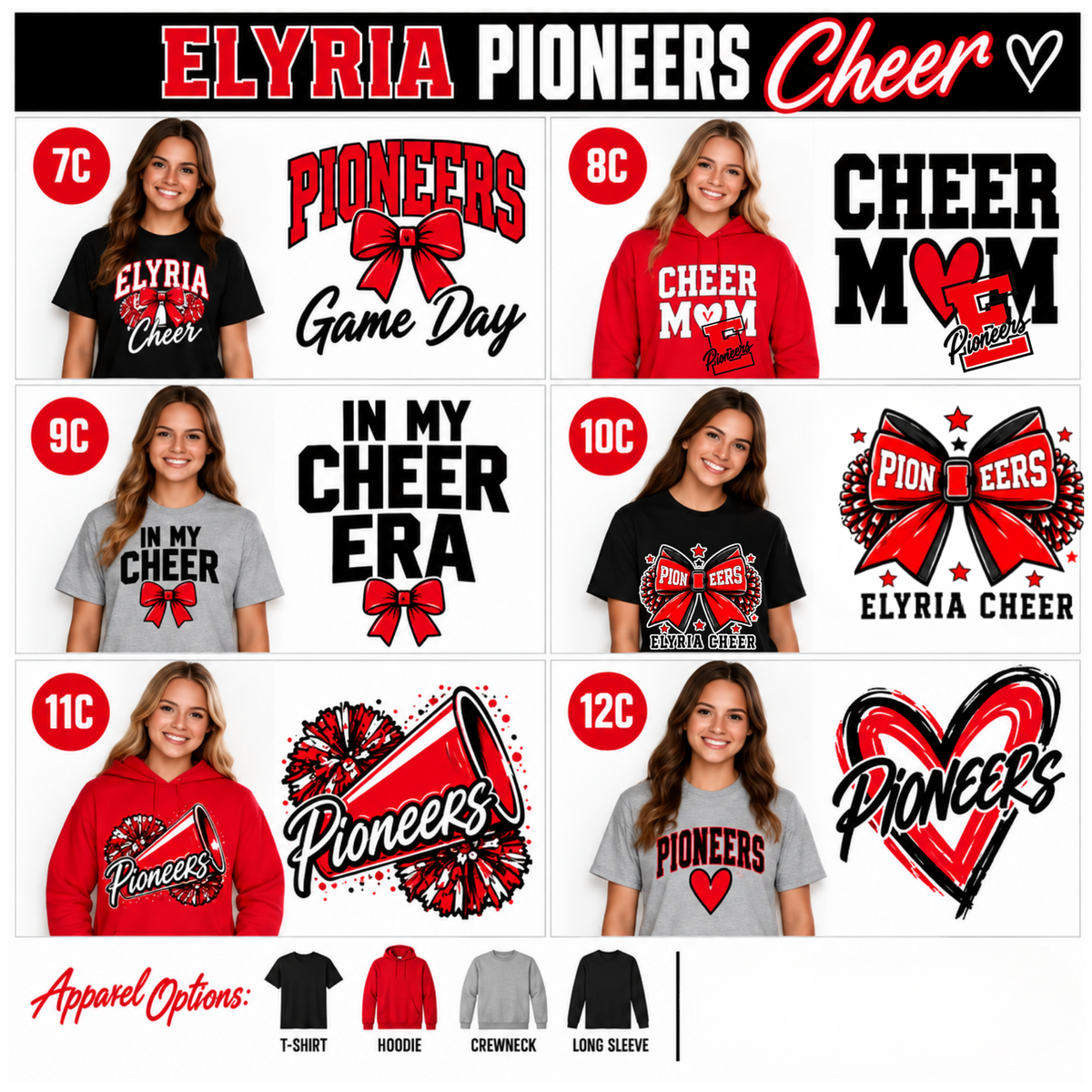 Elyria Pioneers CHEER (GENERAL) Spirit Wear | Custom T-Shirts, Sweatshirts & Hoodies