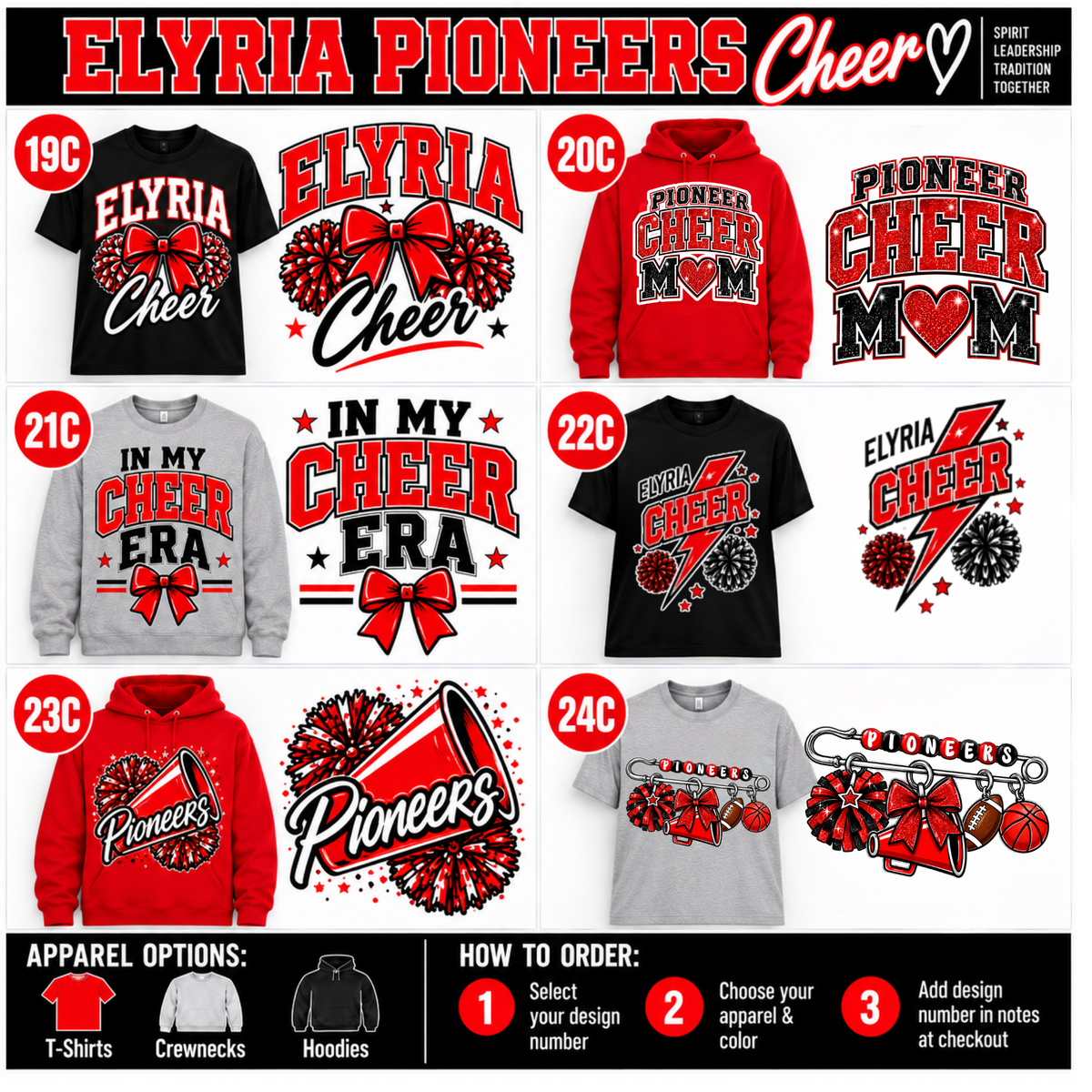 Elyria Pioneers CHEER (GENERAL) Spirit Wear | Custom T-Shirts, Sweatshirts & Hoodies