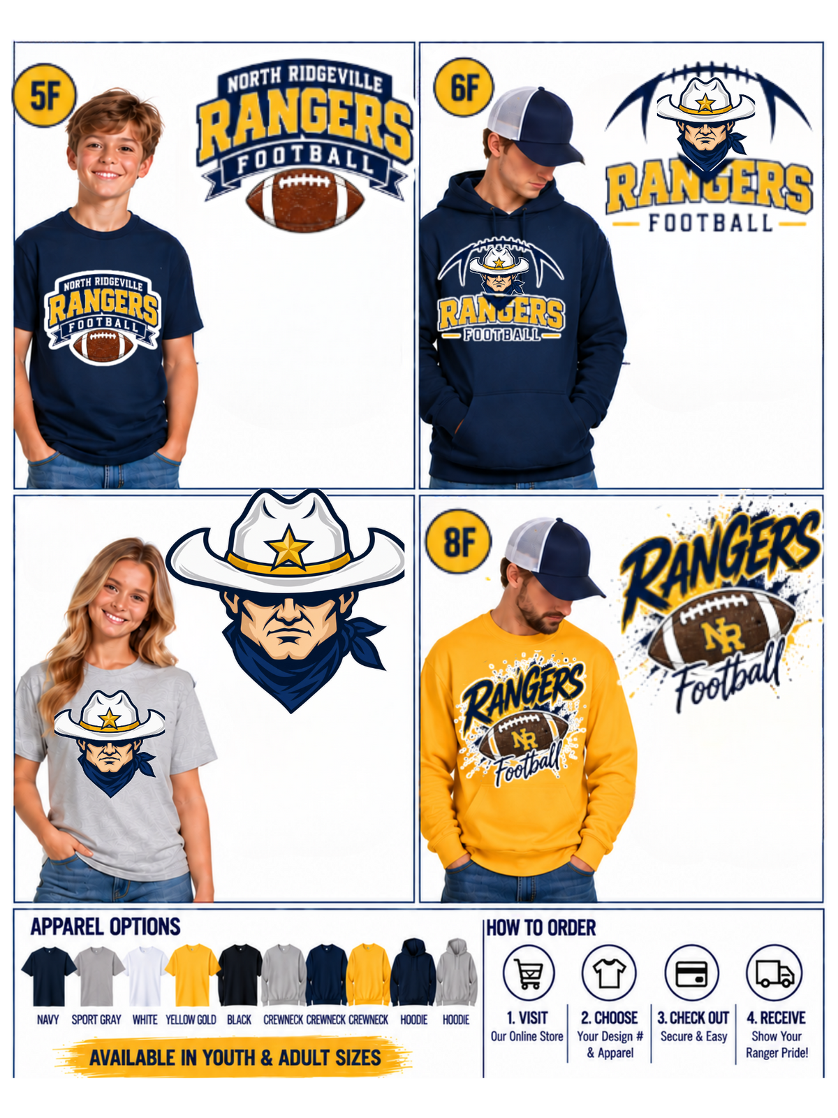 A promotional collage showing four people wearing North Ridgeville Rangers Football apparel: a navy T-shirt, a navy hoodie, a light gray T-shirt, and a yellow hoodie. Each panel includes the Rangers Football logo and a size/age mark (5F, 6F, 8F).