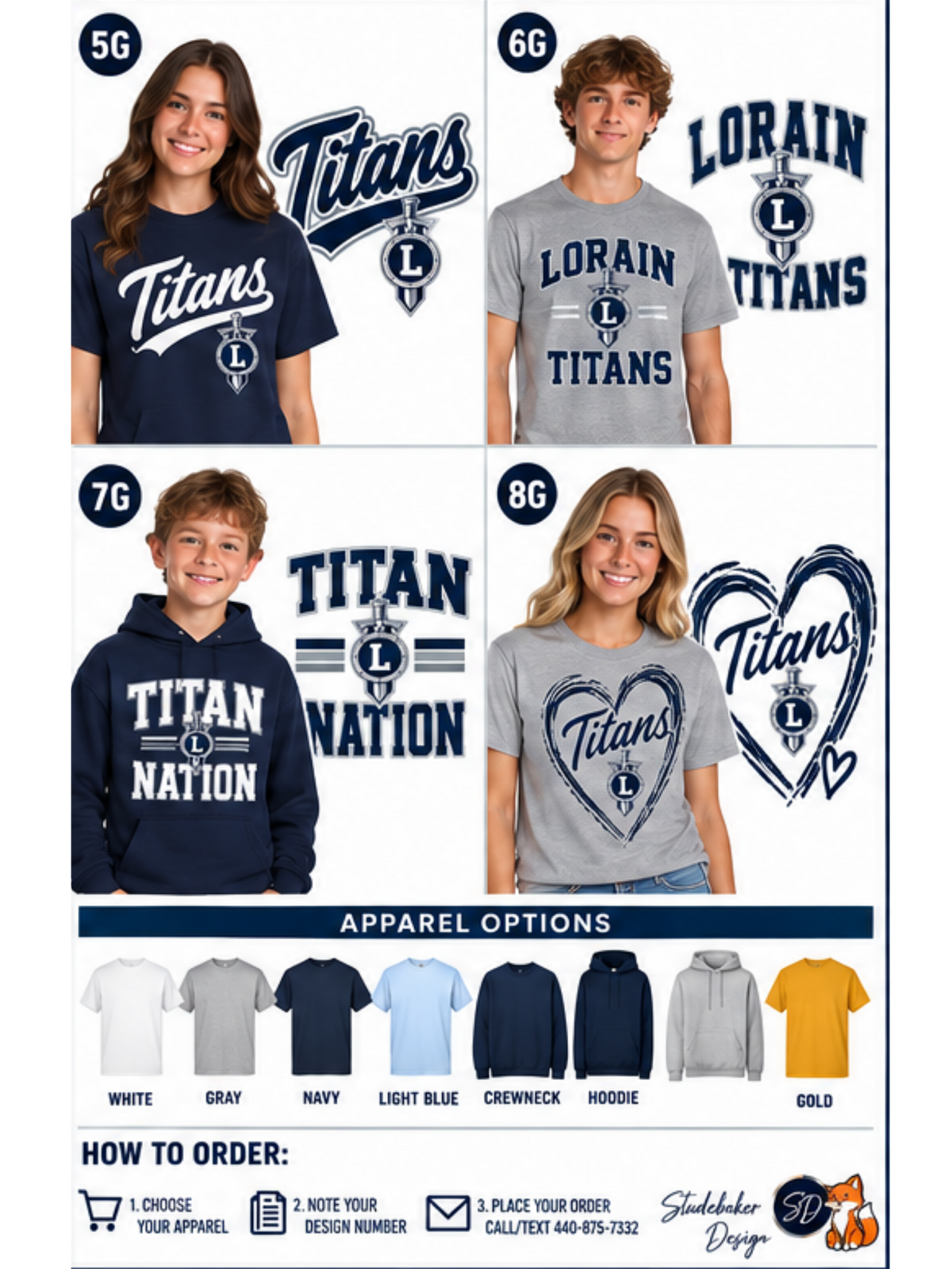 A promotional collage showing four children modeling different Titans-themed apparel options: a navy graphic T-shirt, a light gray graphic T-shirt, a navy hoodie, and a light gray graphic T-shirt. The image includes large text variants (5G, 6G, 7G, 8G), an 'Apparel Options' row with color swatches, and an ordering section with the brand name St.