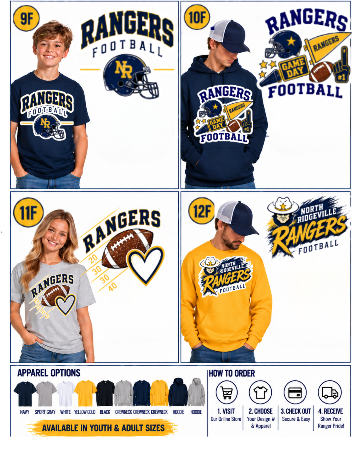 A promotional collage for North Ridge High School Football apparel showing four students modeling different team colors: navy blue, gray, yellow, and white. The collage includes product close-ups of the t-shirts, hoodies, and sweatshirts, along with team graphics and text.