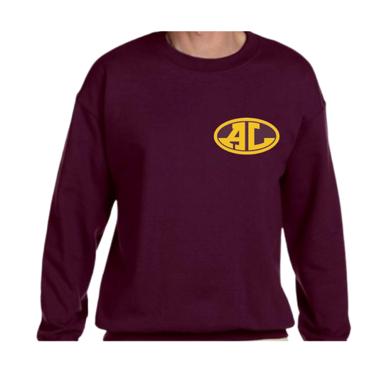 Maroon sweatshirt with yellow logo on a white background