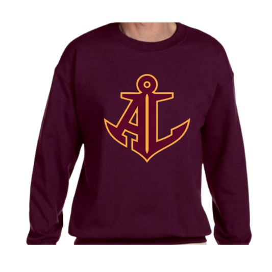 Maroon sweatshirt with a yellow anchor design on a white background