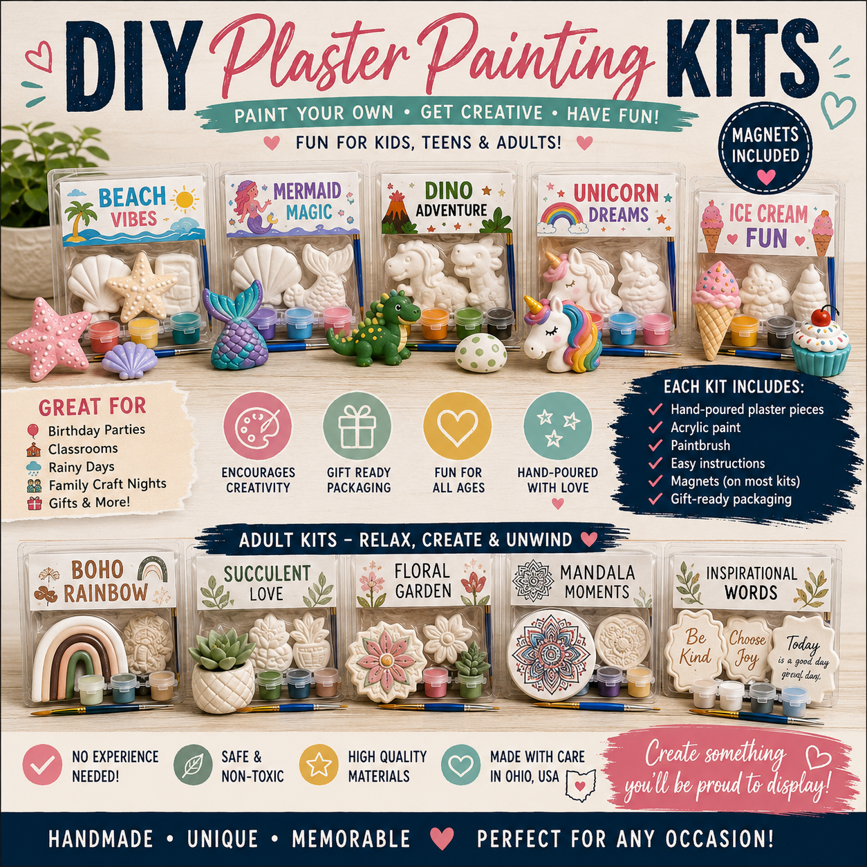 DIY Plaster Painting Kit + Magnet | Paint Your Own Craft Kit for Kids & Adults