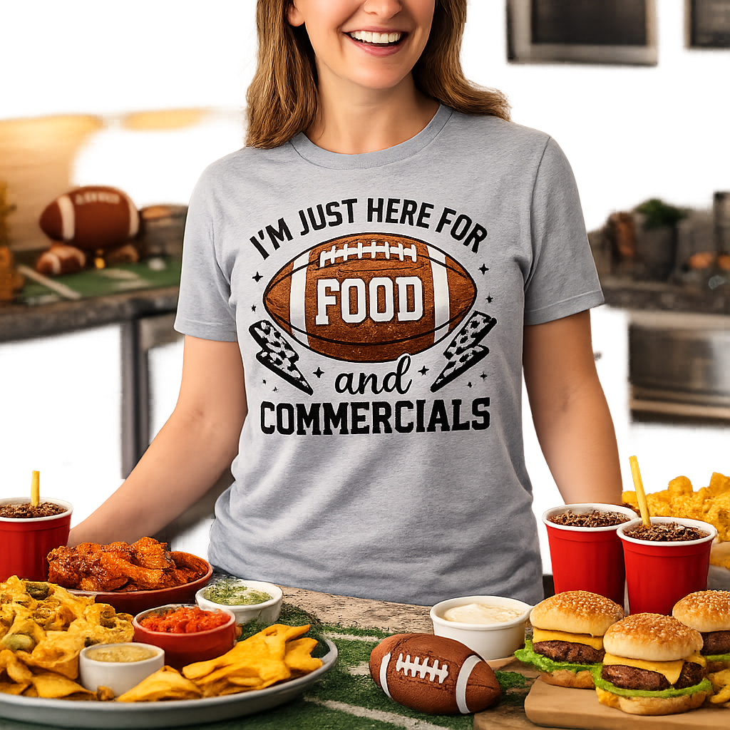 Super Bowl Sunday Football Party Shirt — I’m Here For Food & Commercials Tee