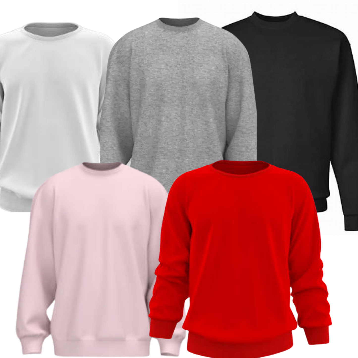 Five sweatshirts in white, gray, black, pink, and red on a white background