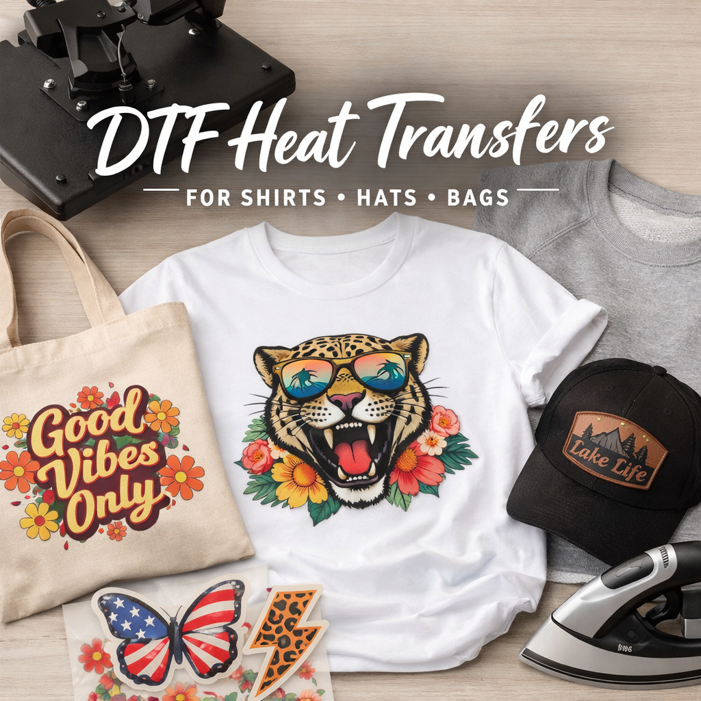 DTF heat transfer products including a t-shirt with a leopard graphic, a cap, a tote bag, and an iron on a wooden surface.