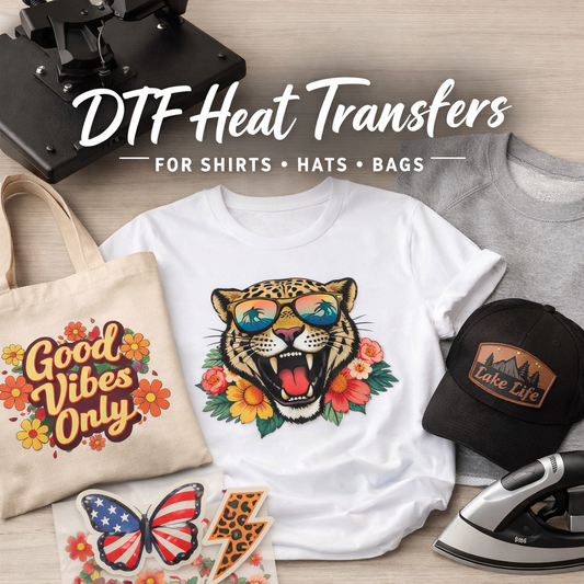 DTF heat transfer products including a t-shirt with a leopard graphic, a cap, a tote bag, and an iron on a wooden surface.