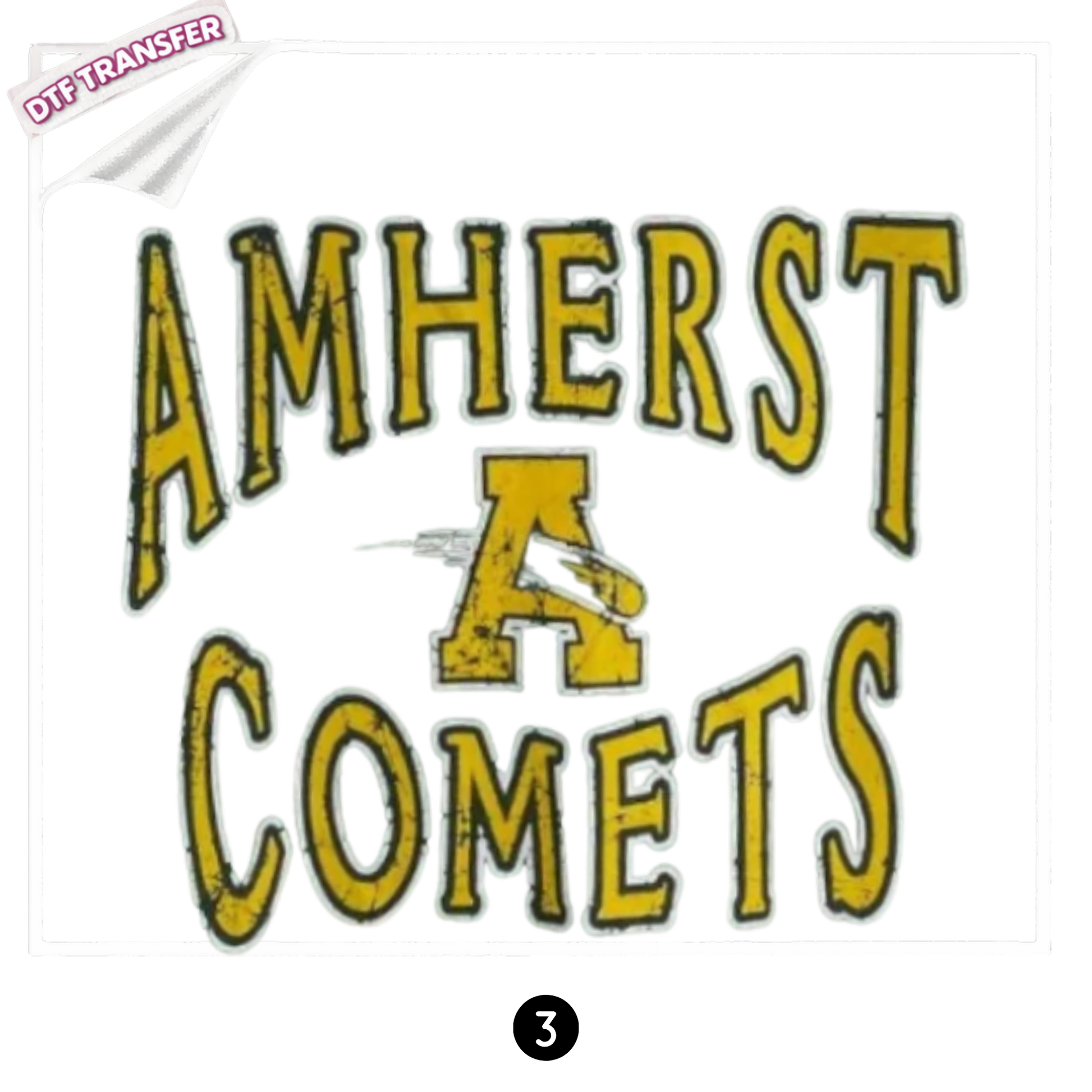 Retro script Comets circular DTF heat transfer design in green and gold