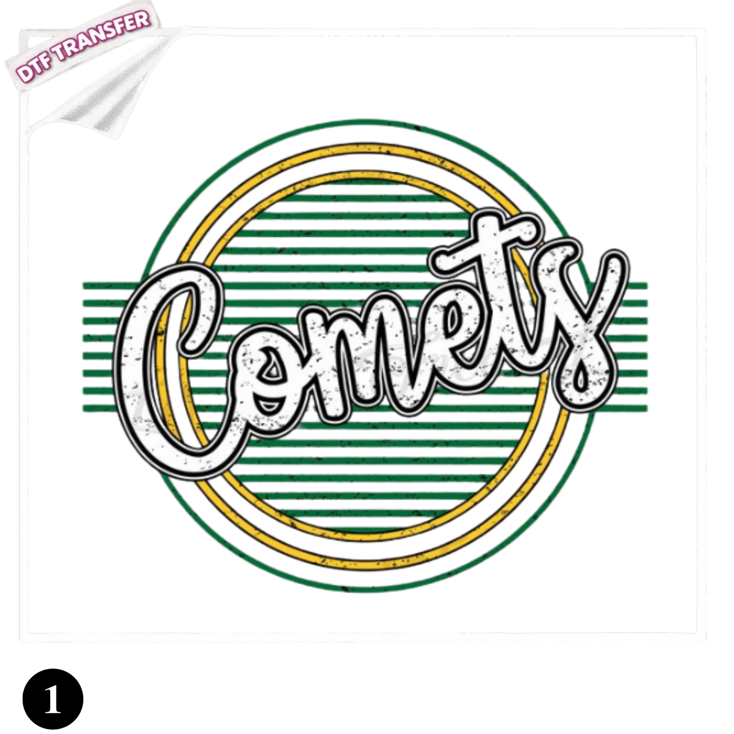 Amherst Comets vintage arch DTF heat transfer with gold lettering and athletic A logo