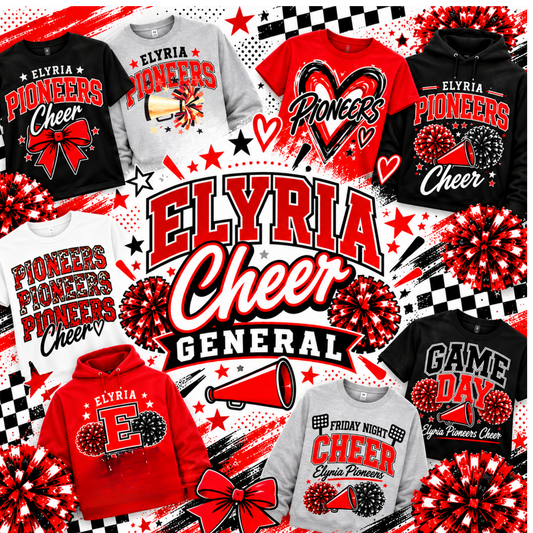 A collage of multiple cheer-themed apparel items in red, black, and white, including T-shirts, hoodies, and sweatshirts with 'ELYRIA Cheer' and 'PIONEERS' graphics, plus pom-poms, stars, checkers, and a megaphone on a busy promotional background.