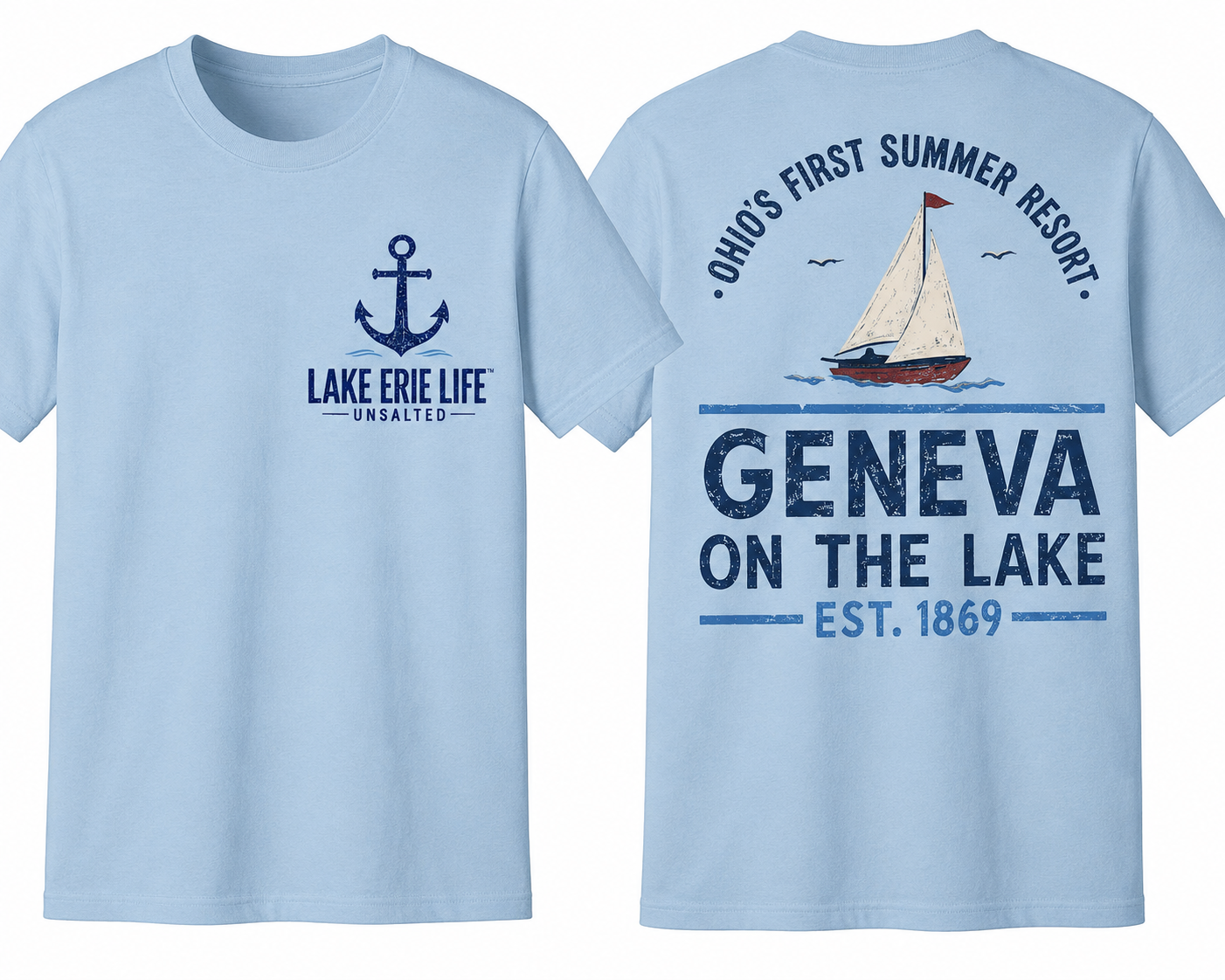 Vintage Geneva-on-the-Lake Lake Erie Life™ Unsalted sailboat t-shirt featuring a distressed nautical design inspired by Ohio's First Summer Resort on the shores of Lake Erie.