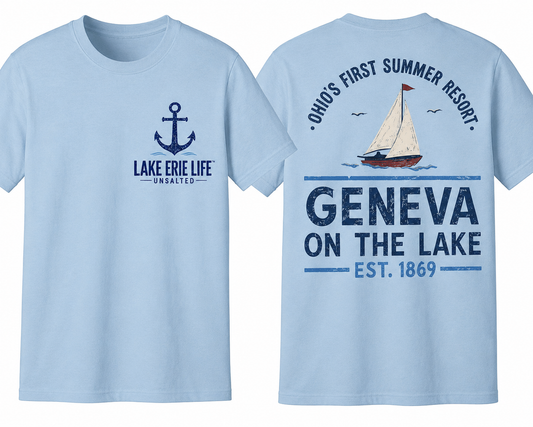 Vintage Geneva-on-the-Lake Lake Erie Life™ Unsalted sailboat t-shirt featuring a distressed nautical design inspired by Ohio's First Summer Resort on the shores of Lake Erie.