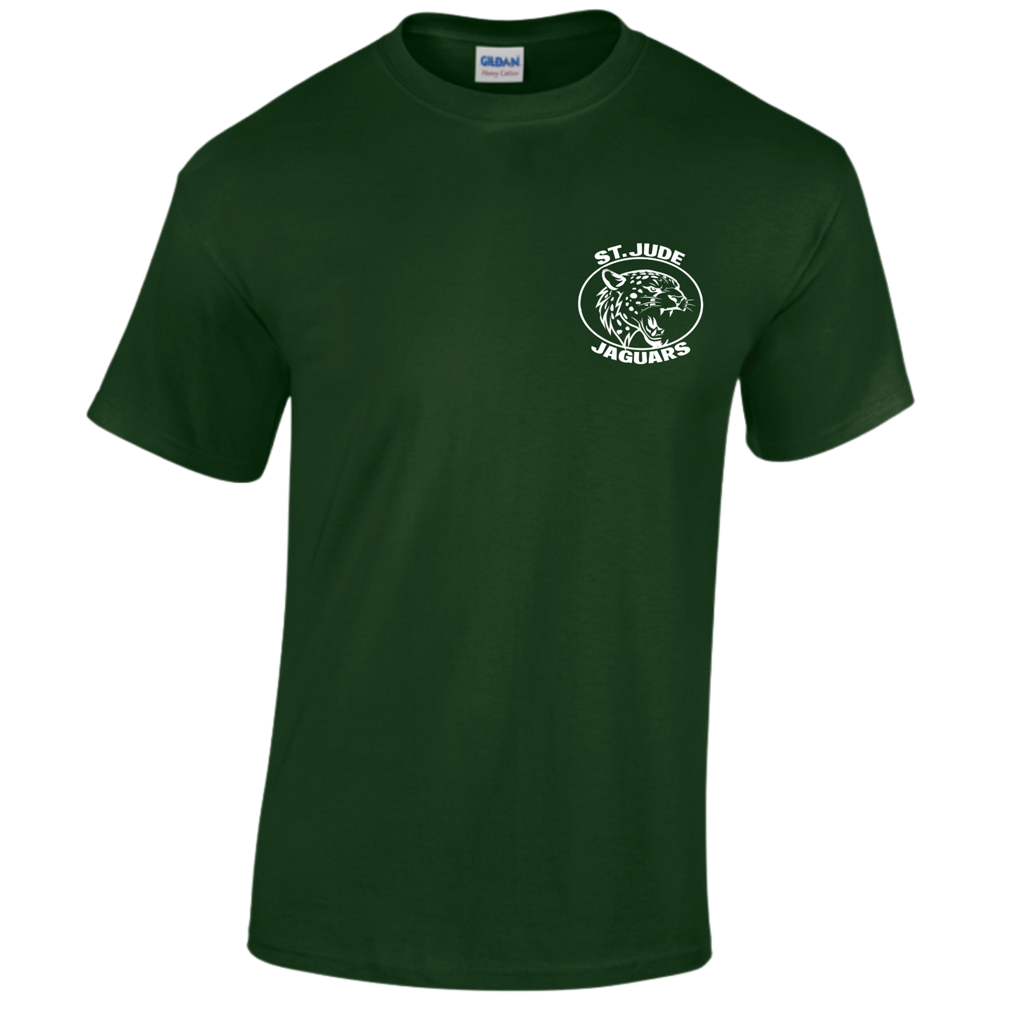 Green t-shirt with a white logo on a white background