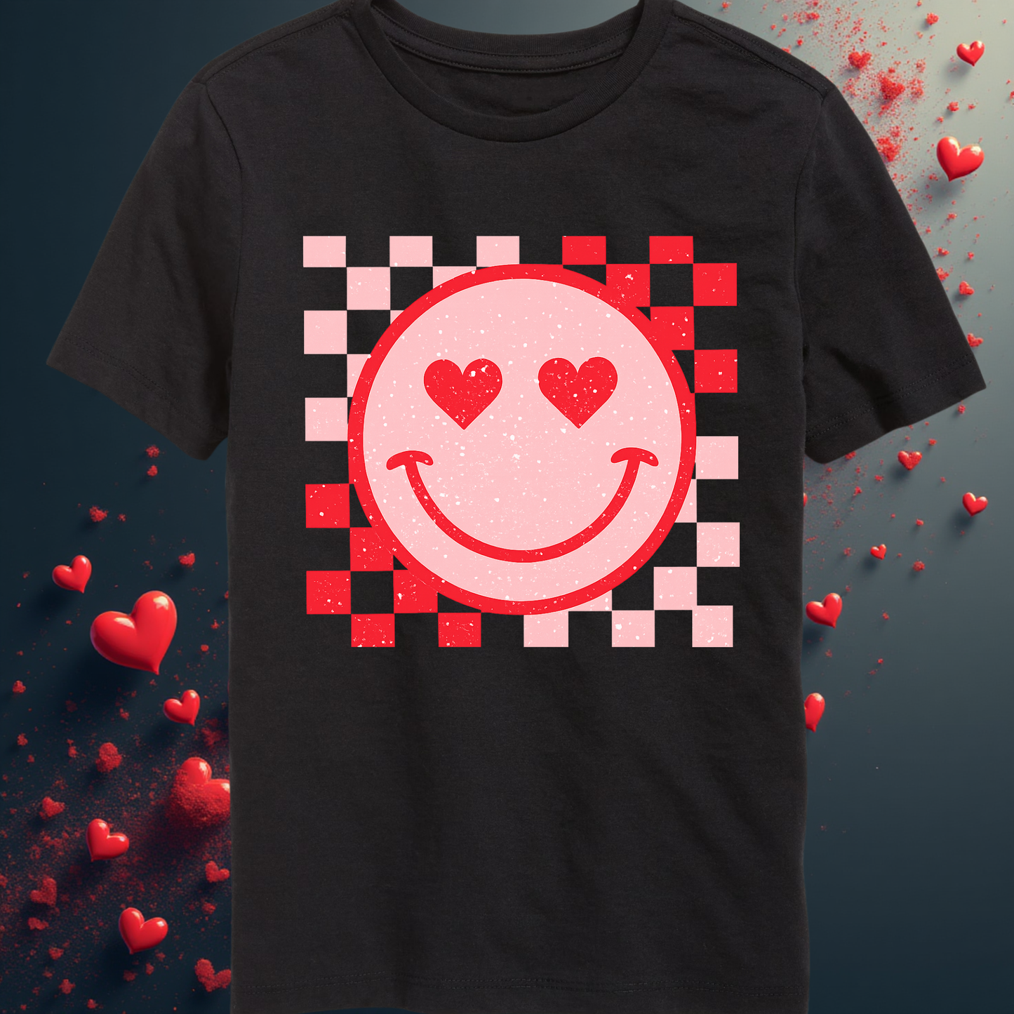 Black t-shirt with a pink smiley face design with heart eyes on a checkered background, surrounded by red hearts.