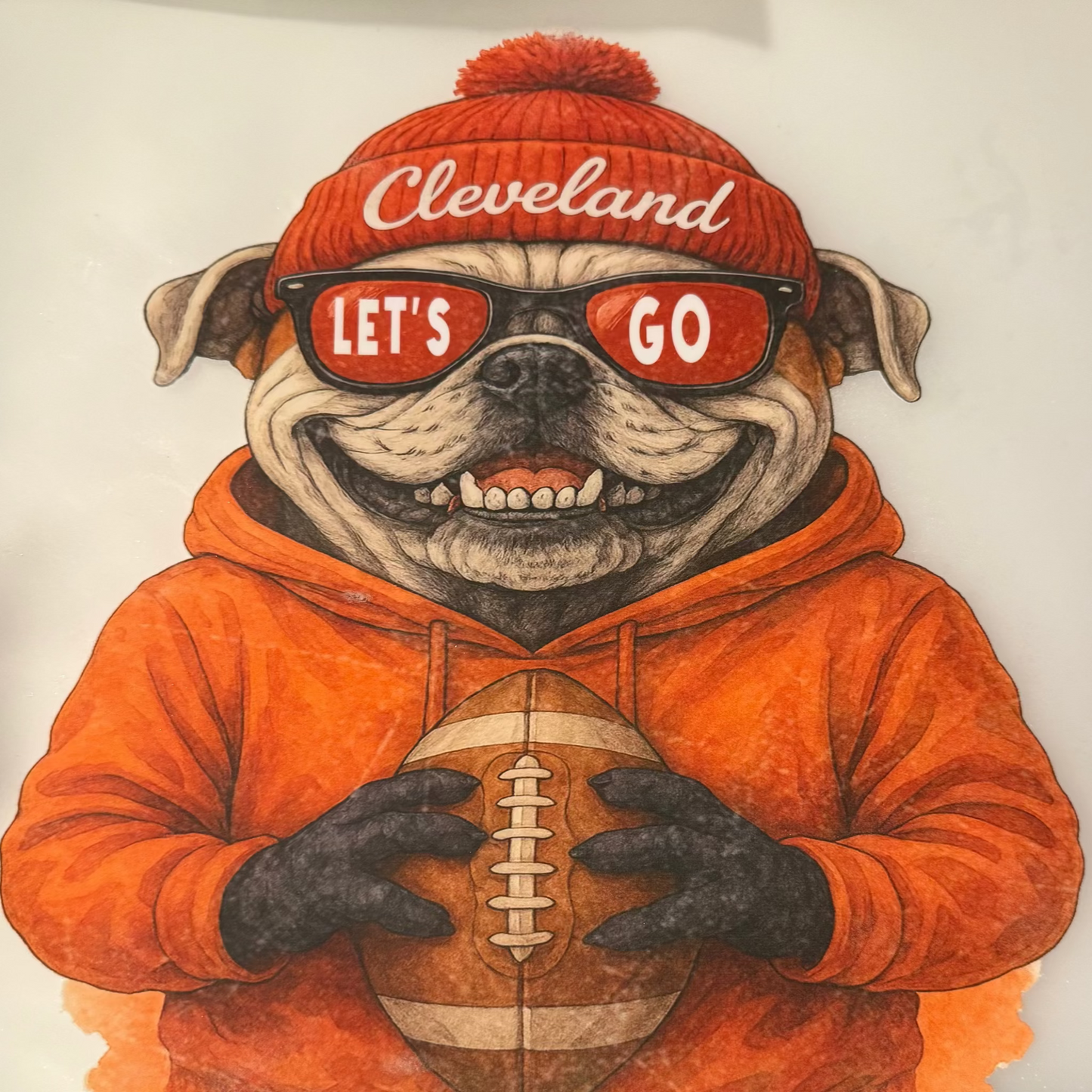 Illustration of a bulldog wearing an orange hoodie, orange beanie, and sunglasses holding a football.