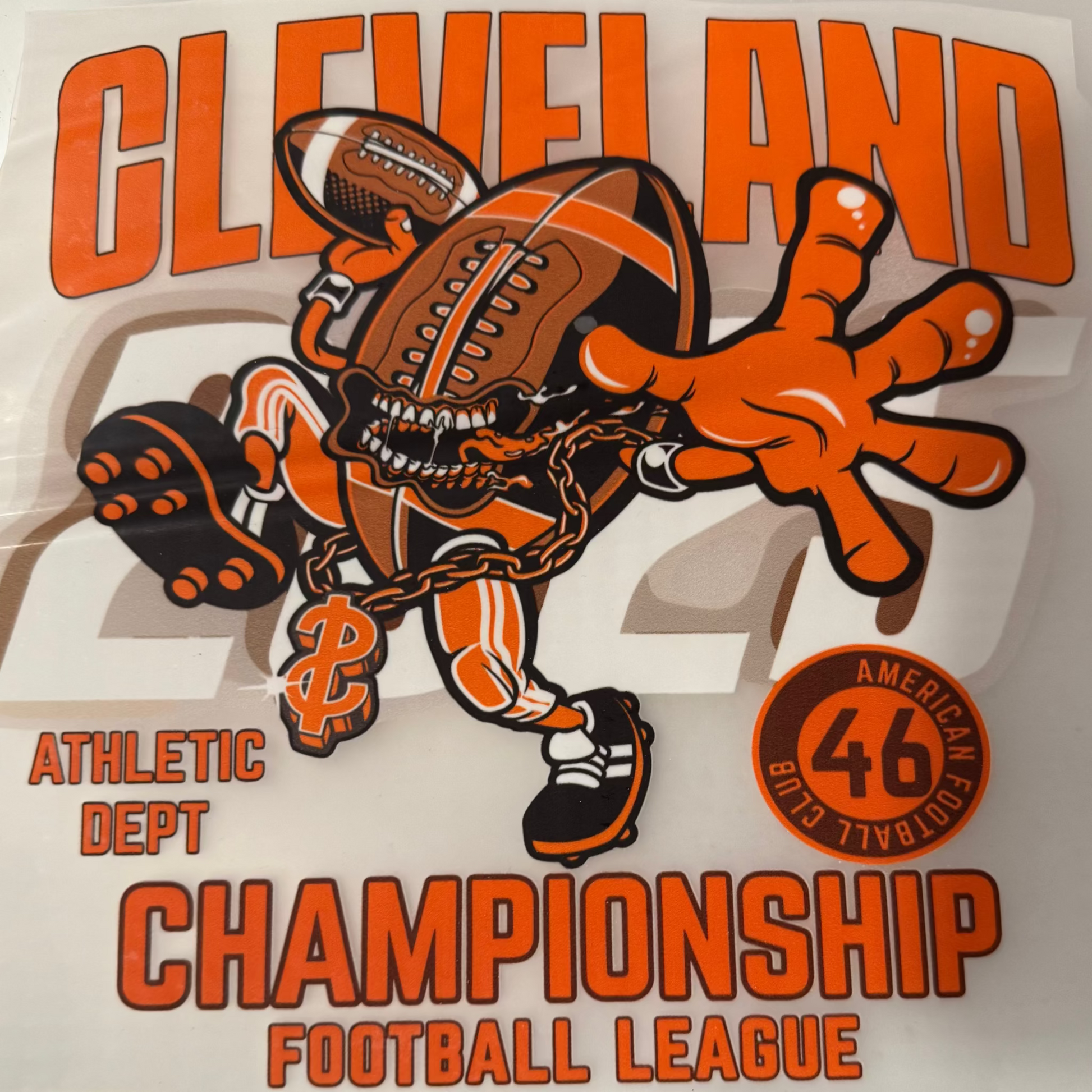 Vintage-style graphic with sports equipment and text on a beige background - Cleveland Browns Championship Football League