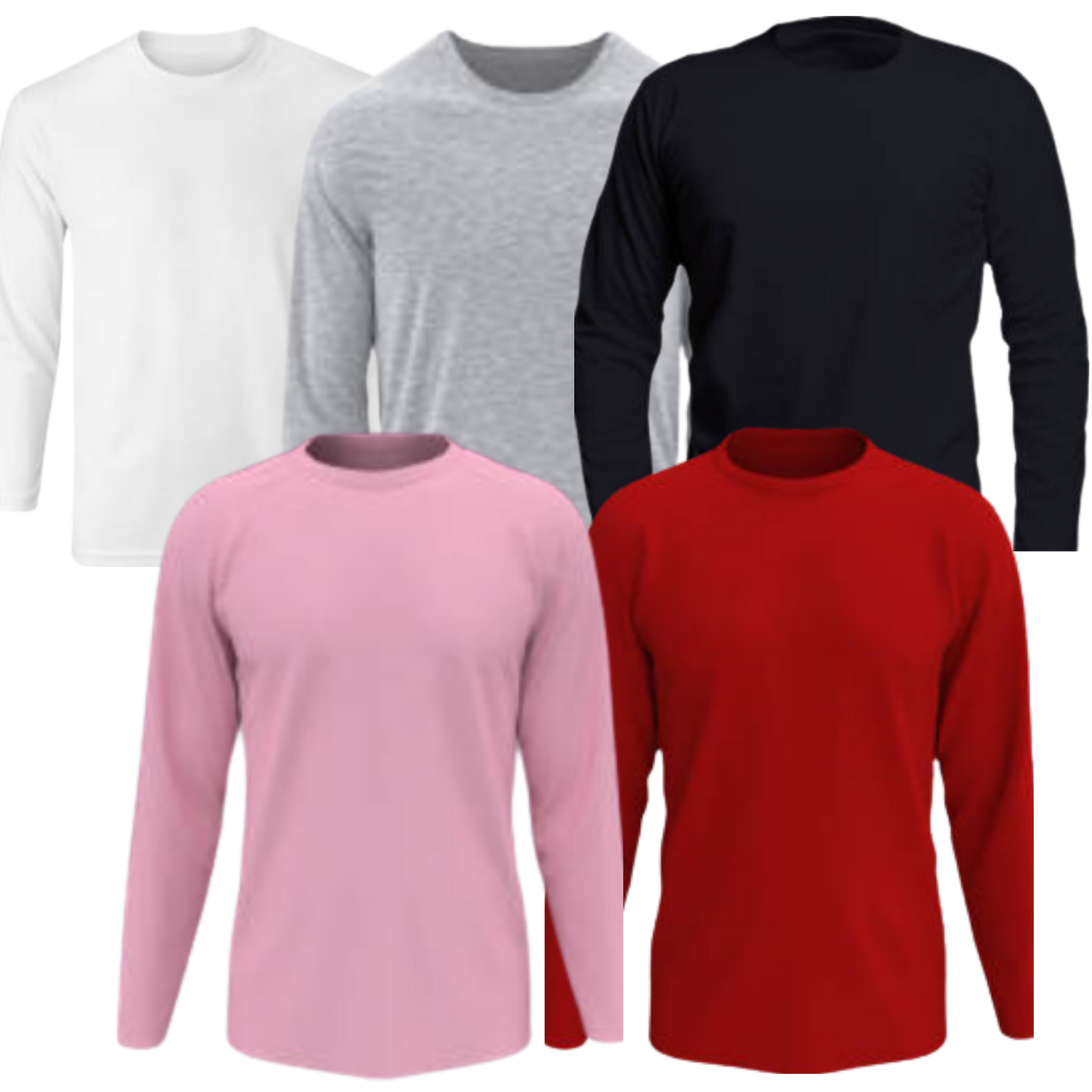 Five long-sleeve shirts in white, gray, black, pink, and red on a white background.