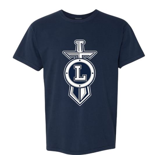 Navy blue t-shirt with a white logo featuring a letter 'L' on a white background