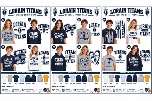 A collage for LoraIn Titans General Distrit Wear showing multiple apparel options. The layout contains six panels, each with photos of young models wearing different graphic T-shirts, plus smaller thumbnail views of additional shirt colorways at the bottom of each panel.