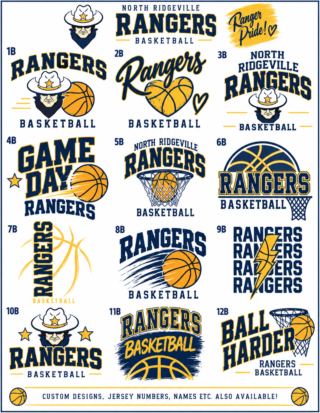 A sheet of 12 custom North Ridgeville Rangers basketball graphic designs, featuring various team logos, slogans like 'Game Day' and 'Ball Harder', and player number placeholders on a white background.