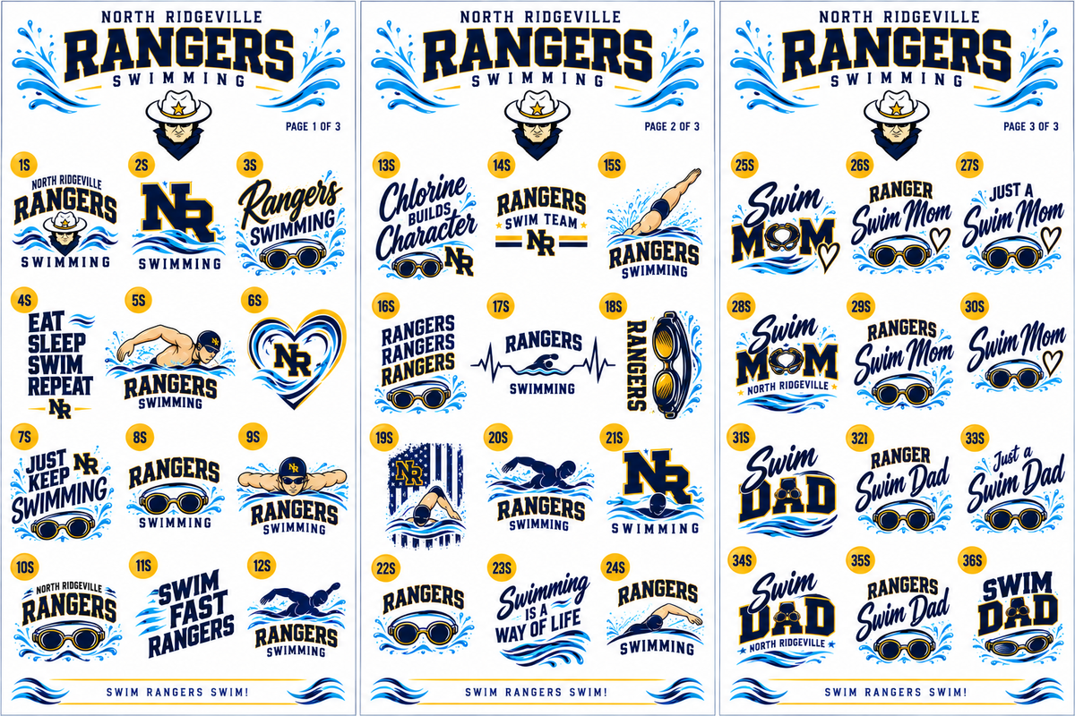 A sheet of North Ridgeville Rangers Swimming stickers featuring various team-themed designs, slogans, and logos on a white background.