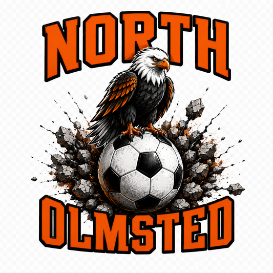 A graphic design featuring a bald eagle perched on a soccer ball, with the words 'NORTH' at the top and 'OLMSTED' at the bottom in bold orange letters with black outlines, set against a white background with a subtle grid pattern.