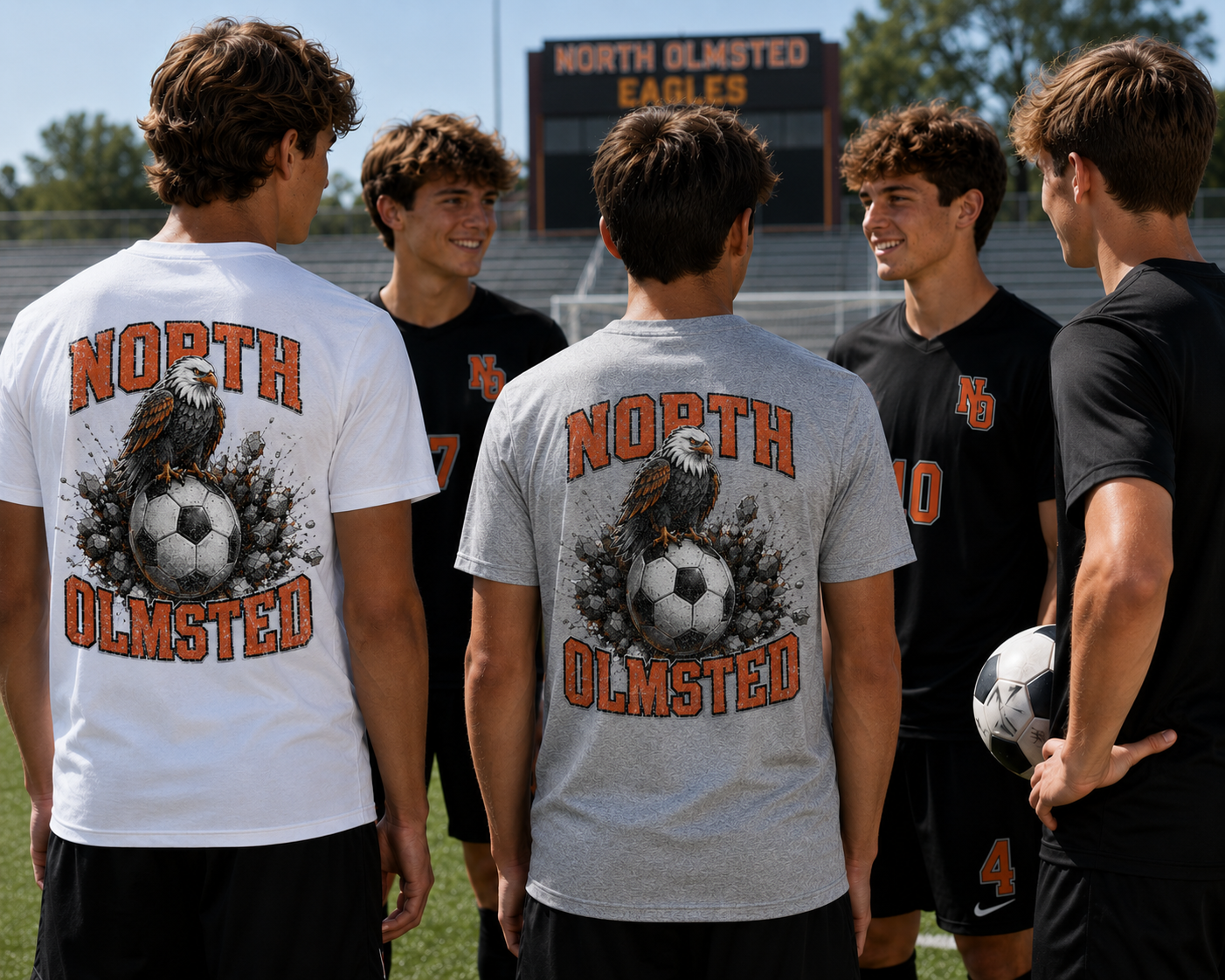 Five young male athletes standing on a sports field, showcasing North Olmsted Eagles athletic apparel. Two individuals are seen from the back wearing graphic t-shirts (one white, one heather gray) featuring an eagle and soccer ball design with 'NORTH OLMSTED' in orange.