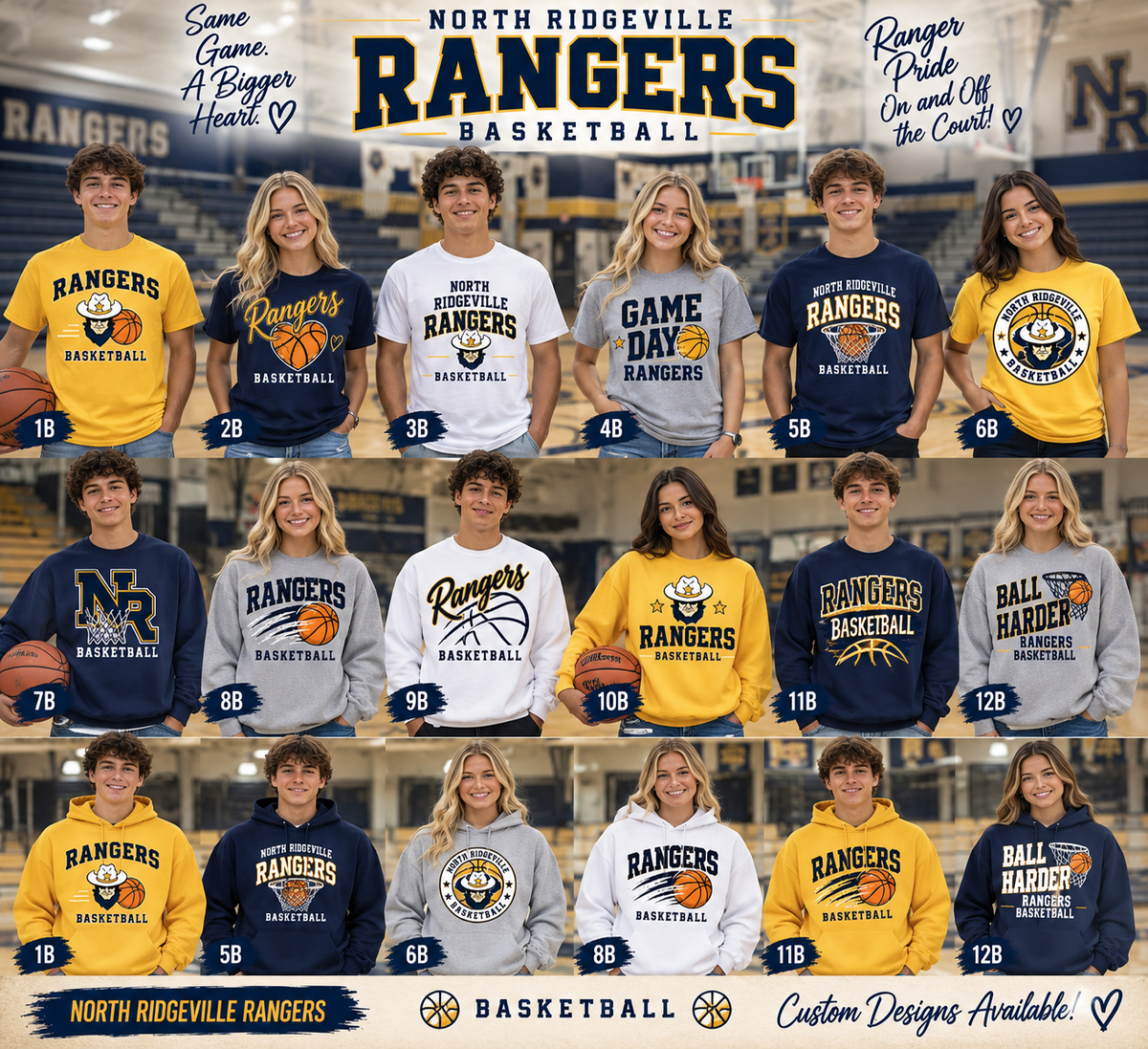 A promotional collage for North Ridgeville Rangers Basketball showing multiple students modeling different team apparel options, including yellow, navy, white, and gray sweatshirts and t-shirts with 'Rangers Basketball' graphics. The layout includes large 'North Ridgeville Rangers Basketball' text at the top and numbered garment options around the edges.