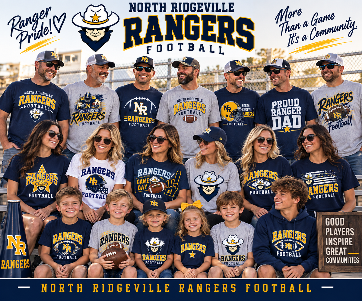 A large group of North Ridgeville Rangers Football fans, players, and families posing together in matching team apparel. The group is wearing various t-shirts, caps, and a sweatshirt featuring the team's navy blue, yellow, and white colors.
