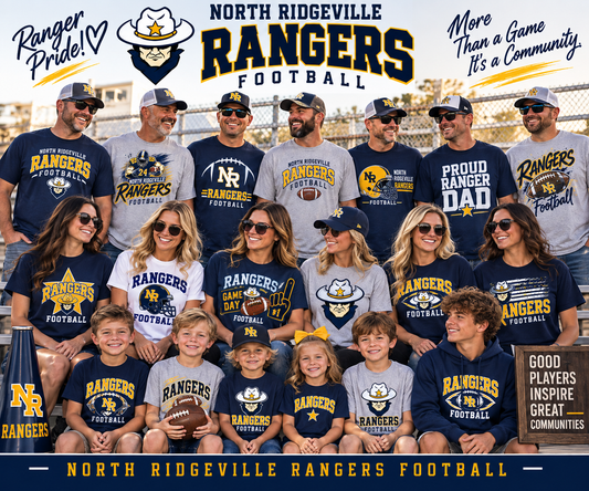 A large group of North Ridgeville Rangers Football fans, players, and families posing together in matching team apparel. The group is wearing various t-shirts, caps, and a sweatshirt featuring the team's navy blue, yellow, and white colors.