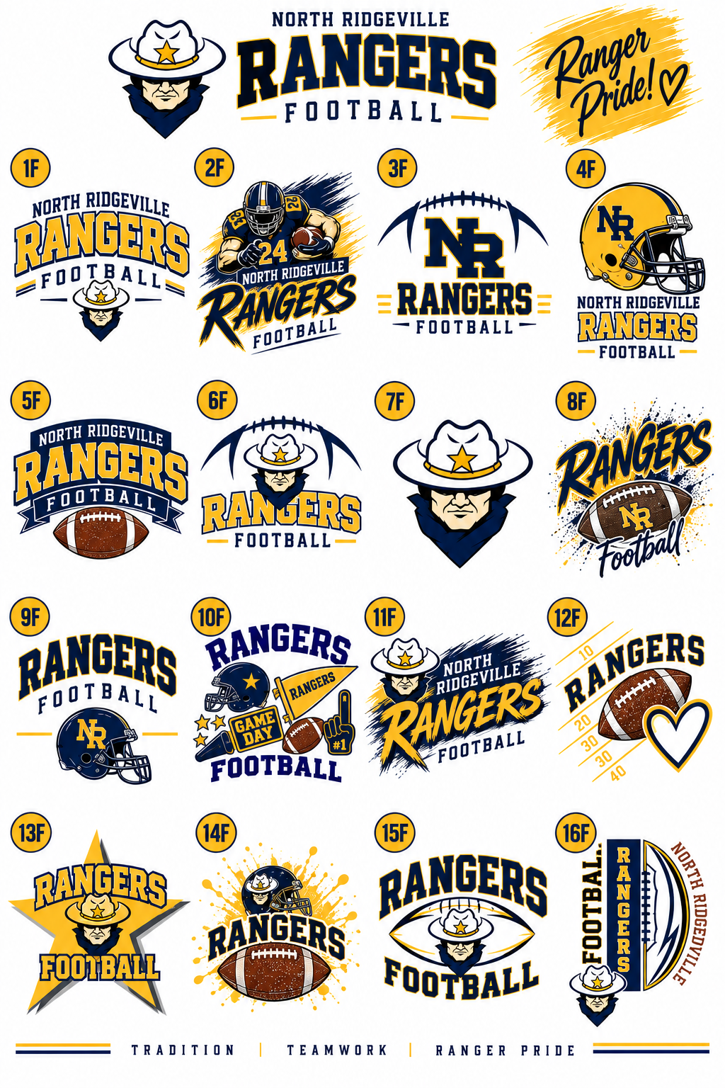 A sheet of 18 North Ridgeville Rangers Football logo variations, featuring various sports team graphic designs in navy blue, yellow, and white with football and cowboy hat motifs.