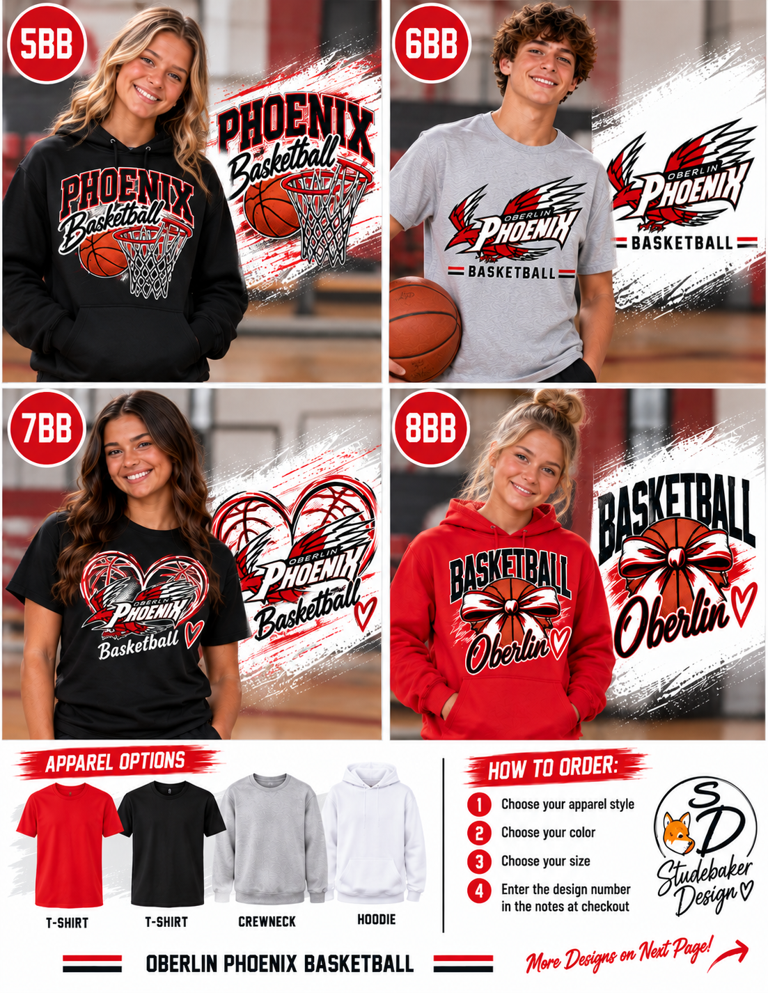 A promotional collage showing four apparel options with Phoenix Basketball graphics: a black pullover, a gray T-shirt, a black T-shirt, and a red hoodie. Two models are pictured in each panel, and the collage includes size/price badges, apparel options, and an ordering graphic.