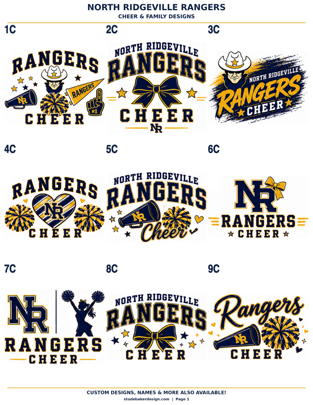 A sheet of custom North Ridgeville Rangers cheer and family design graphics, showing ten different logo variations labeled 1C through 9C on a white background.