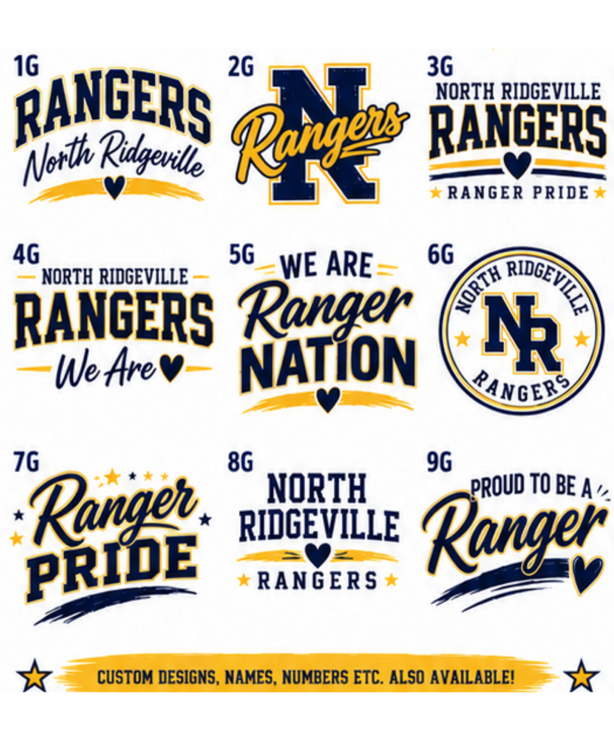 A sheet of nine custom North Ridgeville Rangers sports graphic designs in navy blue, yellow, and white, featuring various text slogans and logos like 'Rangers North Ridgeville' and 'North Ridgeville Rangers'.