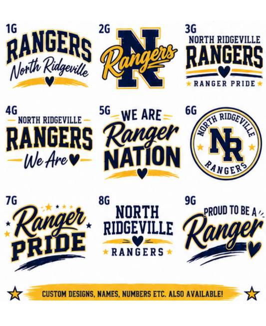 A sheet of nine custom North Ridgeville Rangers sports graphic designs in navy blue, yellow, and white, featuring various text slogans and logos like 'Rangers North Ridgeville' and 'North Ridgeville Rangers'.