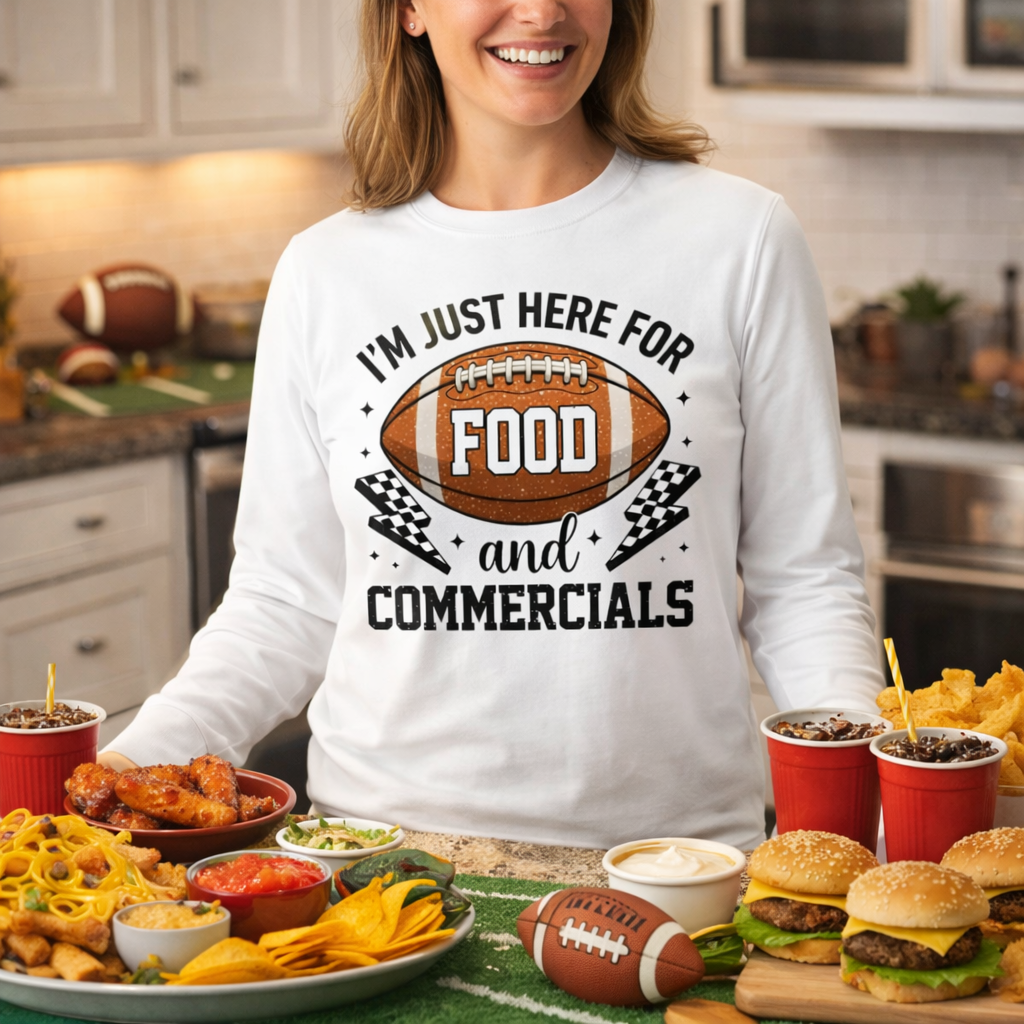 Super Bowl Sunday Football Party Shirt — I’m Here For Food & Commercials Tee