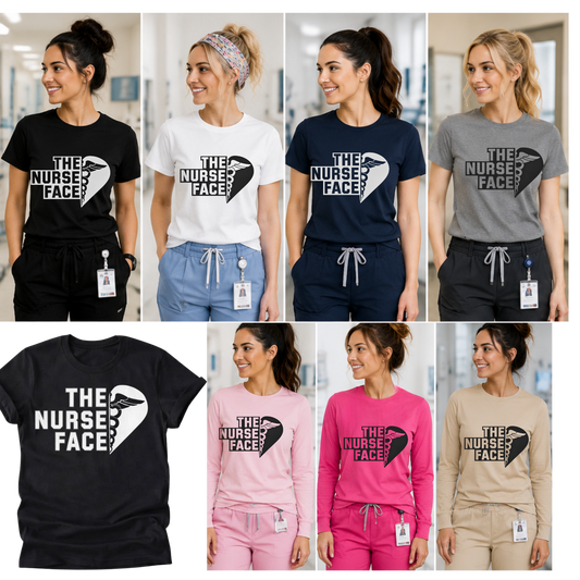 Collage of women wearing 'The Nurse Face' t-shirts and sweatshirts in various colors.
