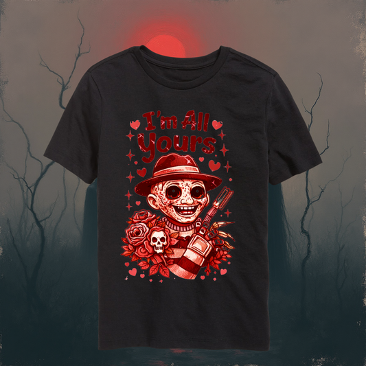 Black t-shirt with red graphic design featuring a skeleton, roses, and text on a dark background.